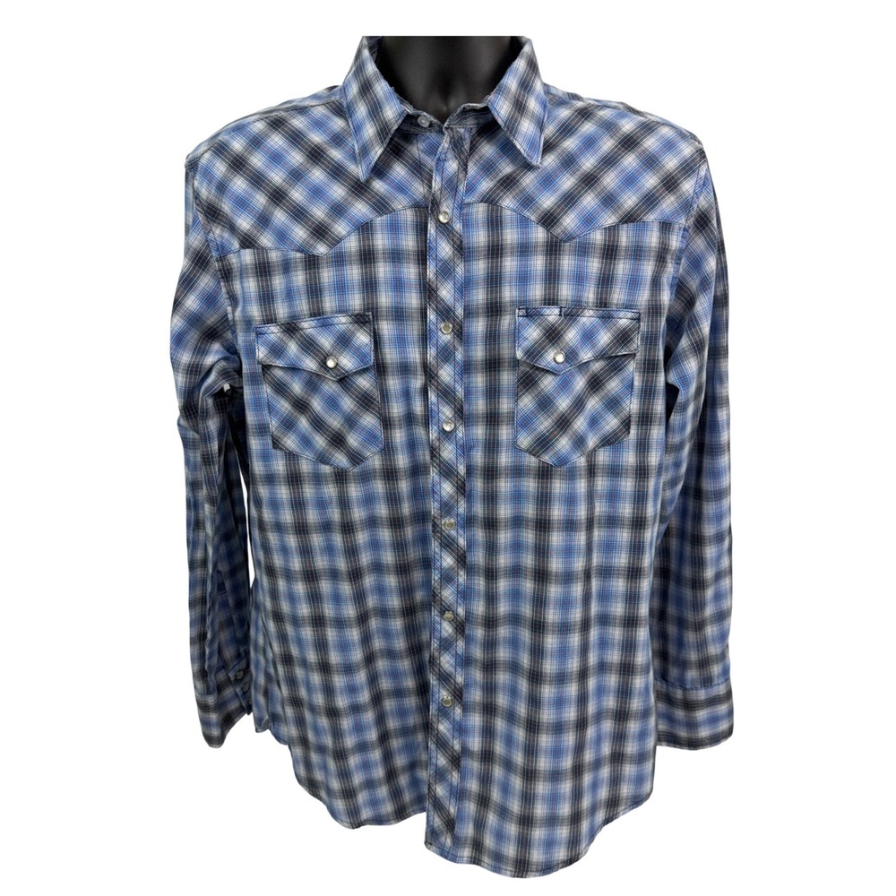 Wrangler Wrancher Mens Large Blue Plaid Pearl Snap Western Long Sleeve Shirt - Picture 1 of 11